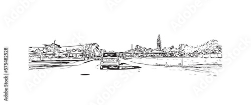Building view with landmark of Pompano Beach is the city in Florida. Hand drawn sketch illustration in vector.