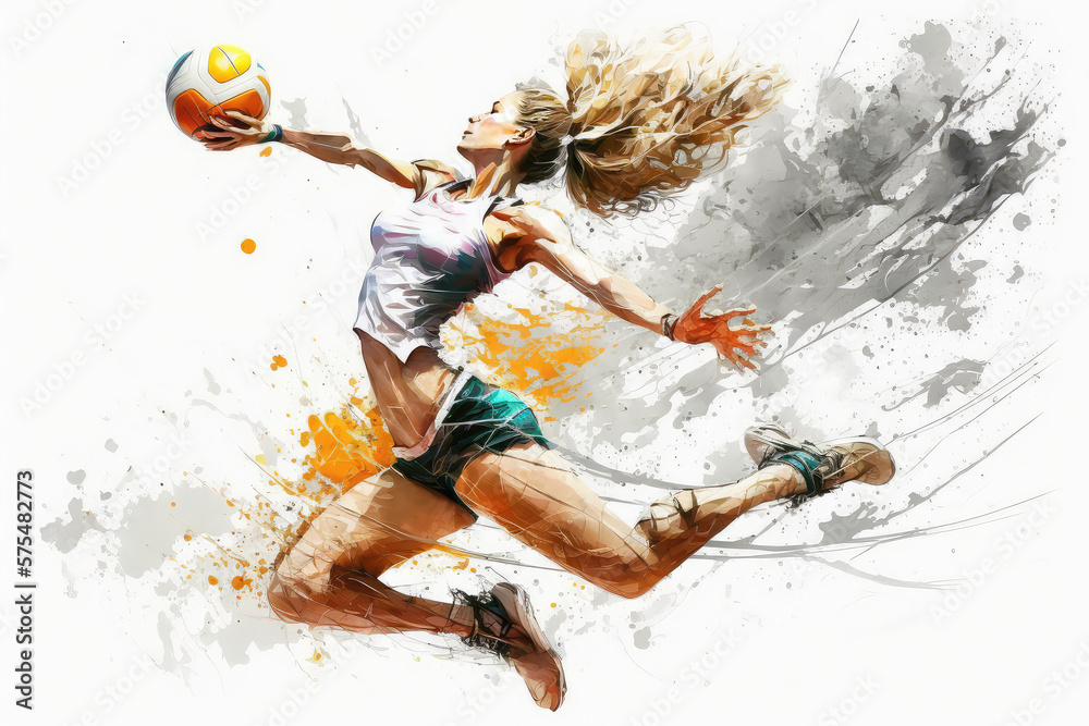 illustration painting of a volleyball player on white background