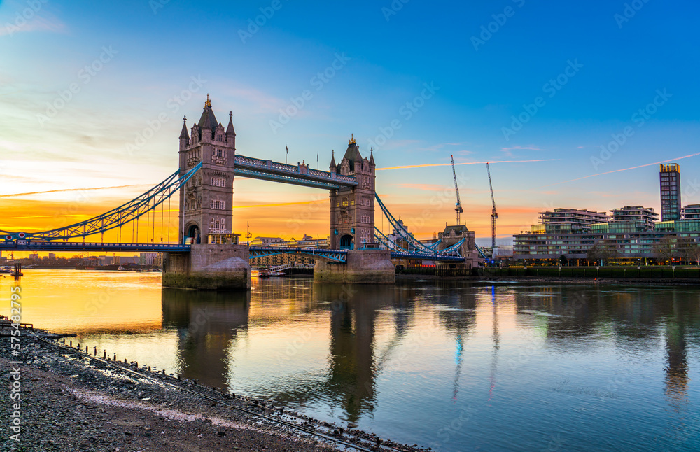 Tower Bridge panorama at sunrise in London. England