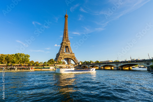 Beautiful view of Eiffel Tower by Seine river in Paris. France