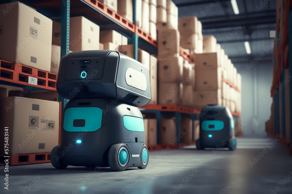 Fototapeta premium Autonomous Robot transportation in warehouse. generative ai