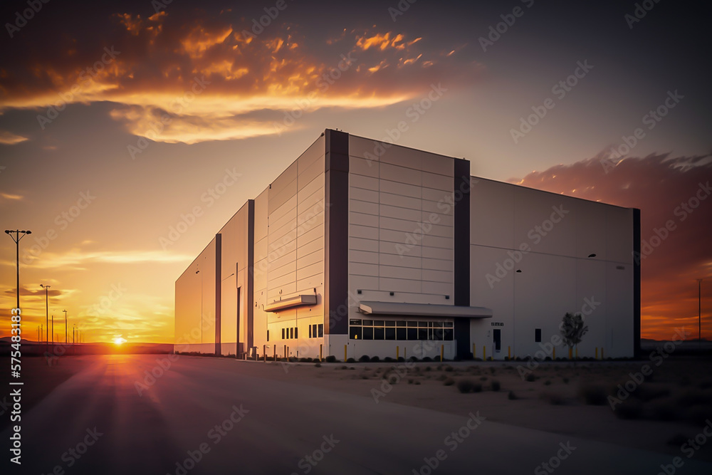 view of large modern industrial warehouse at sunset. generative ai