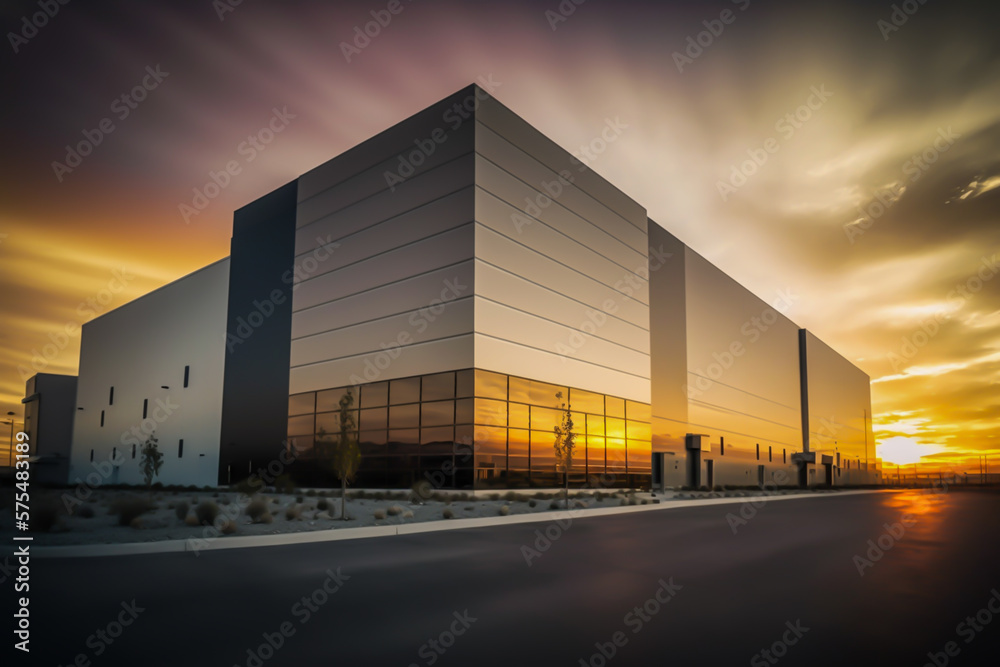Obraz premium view of large modern industrial warehouse at sunset. generative ai