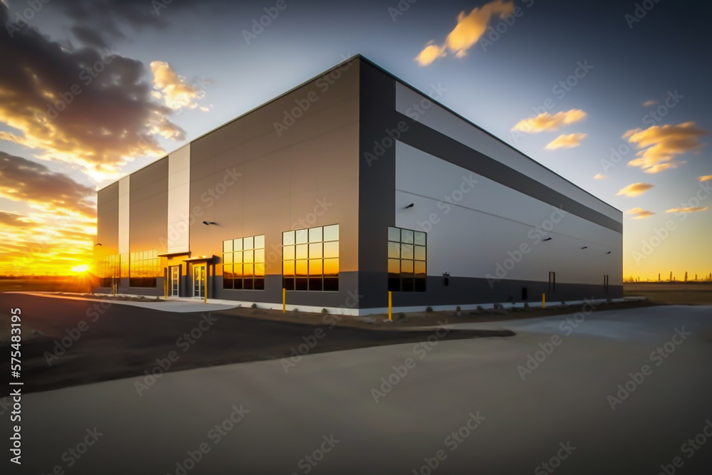 Obraz premium view of large modern industrial warehouse at sunset. generative ai