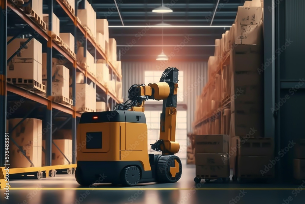 robotics arms and delivery robots in a warehouse, generative ai