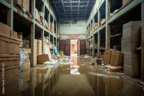 interior of warehouse, damaged by a flood water, full of gods, generative ai