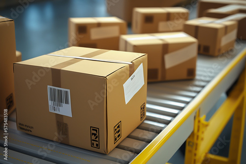 Packages are transported on conveyor belt, in a warehouse, generative ai