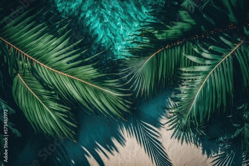 Palm fronds in a tropical setting aerial flat lay. Generative AI