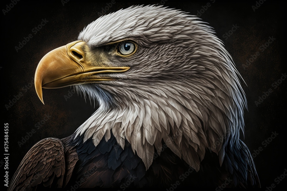 Fototapeta premium An illustration of a Bald Eagle (Haliaeetus leucocephalus). Featured here is a detailed shot of the American Bald Eagle, the national symbol of the United States of America. Generative AI