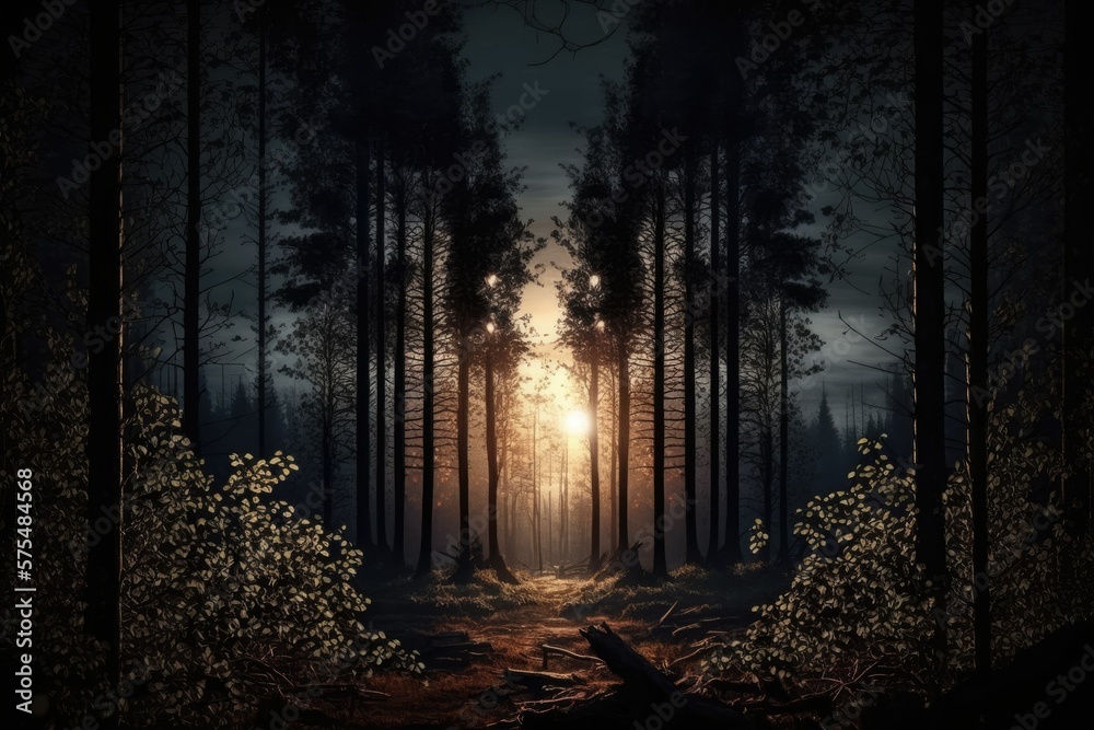 Obraz premium Scattered Sunlight Filtering Through the Trees of a Forest at Dusk. Generative AI