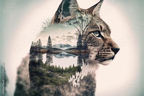 Modern design lynx with double exposure background of wilderness and nature landscape as wondrous concept of the natural adventure and majestic wildlife animal by Generative AI.