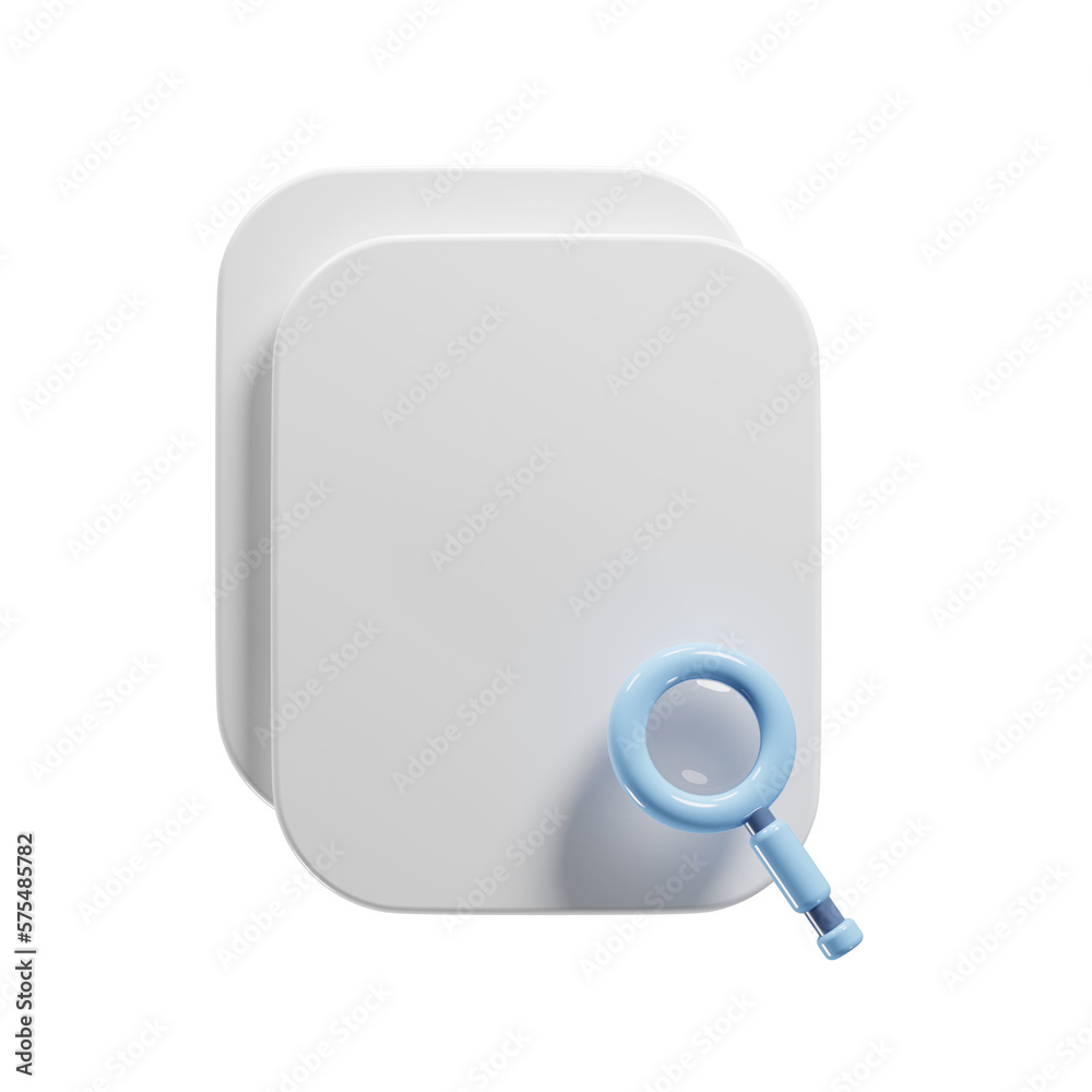 Blank sheet with magnifying glass icon on 3d rendering. 3d render cartoon icon style concept Blank sheet with magnifying glass icon on 3d rendering. 3d render cartoon icon style concept