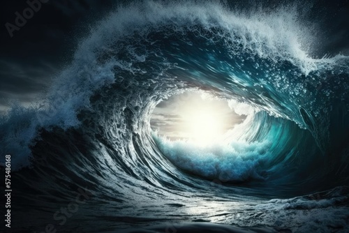 Large ocean wave crashing on the shore. Generative AI