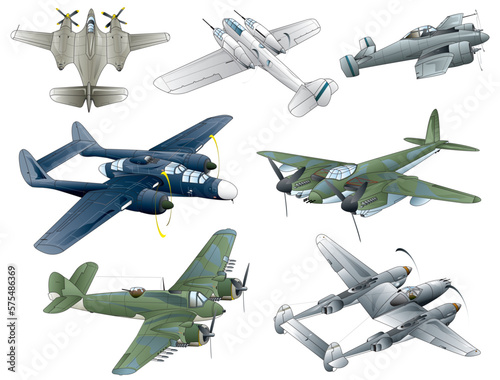 7 types of army colored twin propeller engine war airplanes from ww2 era (America and  Great britain. vector. eps. png. jpeg)	