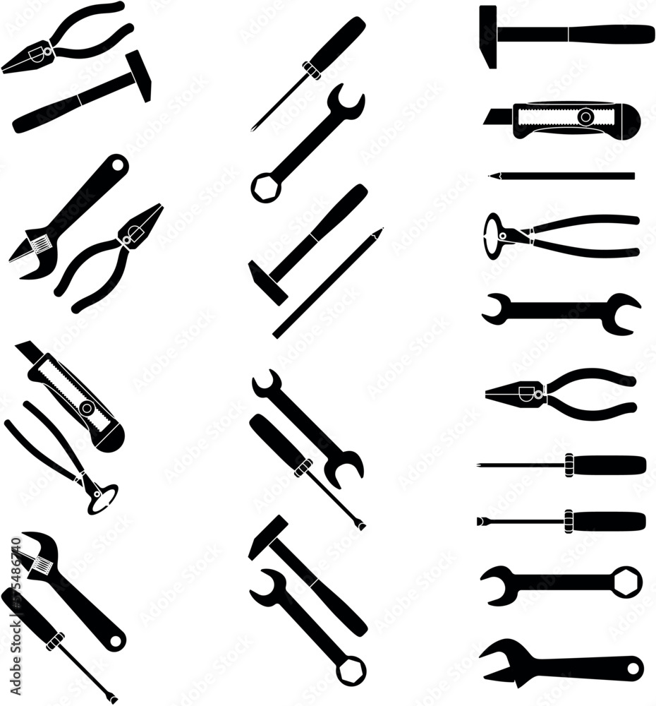 Tools icons set hammer and wrench, screwdriver and spanner black and white vector illustration