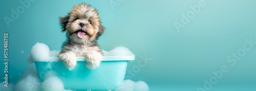 Photo Cute puppy dog in bathtub , pets cleaning , Generative Ai
