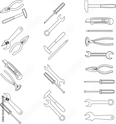Obraz na płótnie Tools icons set hammer and wrench, screwdriver and spanner outline vector illust