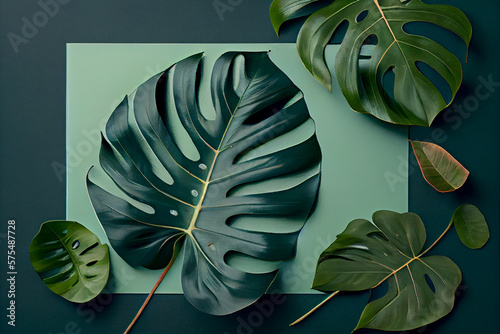 Flat lay tranquil wellness image featuring tropical monstera leaves photo