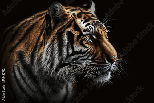 The face of an Indochinese tiger (Panthera tigris corbetti) isolated on black, with space for text. Generative AI © 2rogan