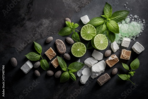 Make a mojito with these ingredients on a slate, stone, or concrete background. Horizontal text space in a top down perspective. Generative AI