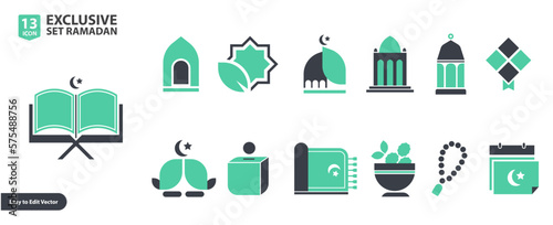Art & Ramadan arabic islamic celebration icon set vector illustration flat color style icon