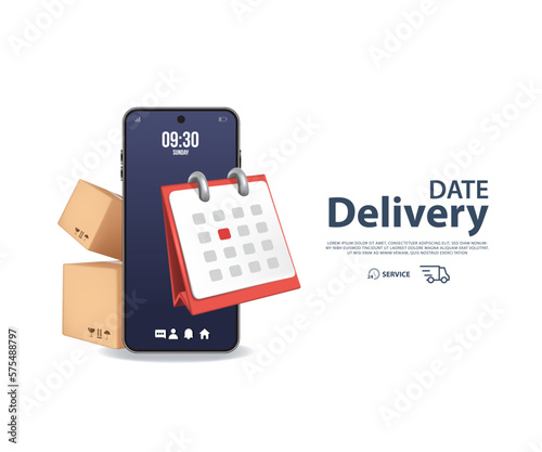 3D Online Date Delivery. Fast respond delivery package shipping on mobile. Vector illustration