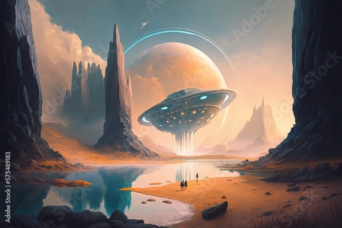 Artistic concept painting of a beautiful sci-fi landscape, with a future thing in the background. Tender and dreamy design, background illustration