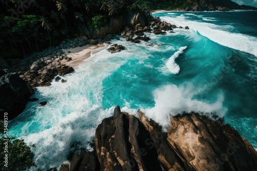 View from above Beach seen from above. a cliff being pummeled by waves. Black water in the background of a bright summer day. View of the coast from above, Intendance Beach, Mahe, Seychelles