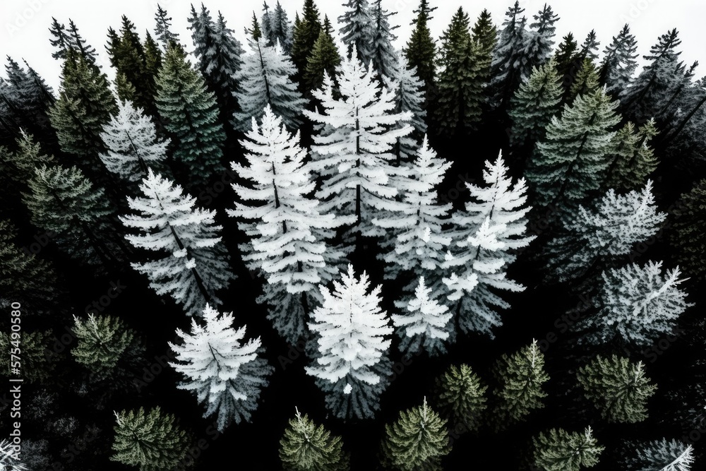 Complete picture of a forest full of pine trees. Photography with a drone. Generative AI