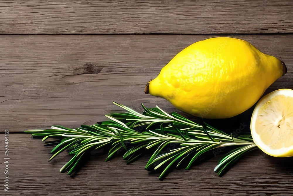Lemon on wooden table with one slice of lemon and a rosemary branch