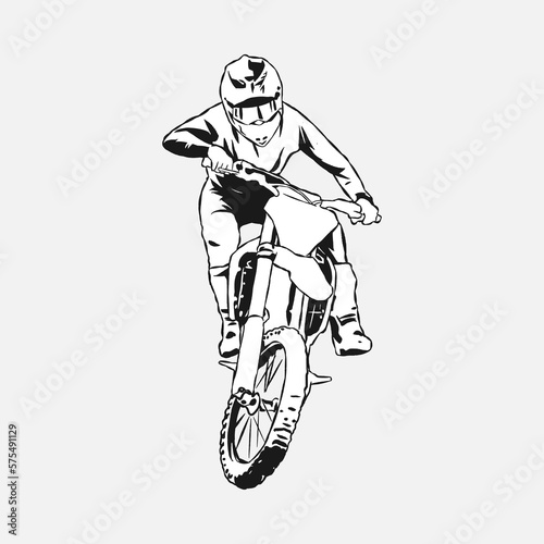 Motocross racer, rider. Hand drawn illustration, black and white, silhouette. Dirt Bike Concepts, Extreme Sport, Vehicle, Motorcycle Community. Perfect for shirts, stickers, print, etc.