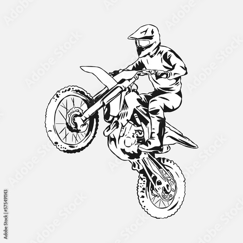 Motocross racer, rider. Hand drawn illustration, black and white, silhouette. Dirt Bike, Extreme Sport, Vehicle, Motorcycle Community. Perfect for shirts, stickers, print, etc.