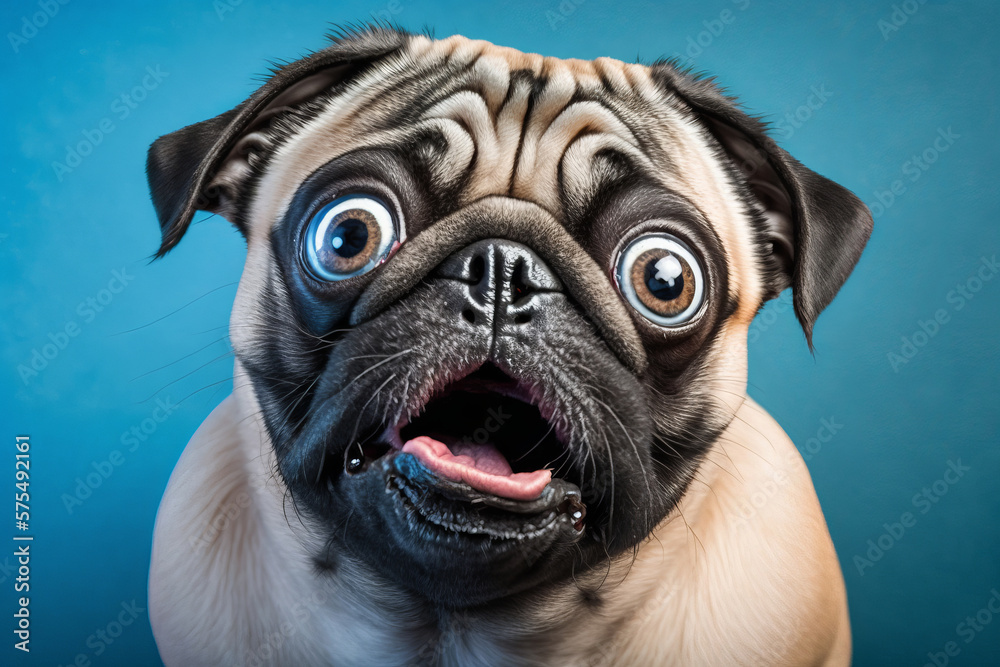 Puppy dog with funny face surprising with open mouth and big eyes, generative AI.
