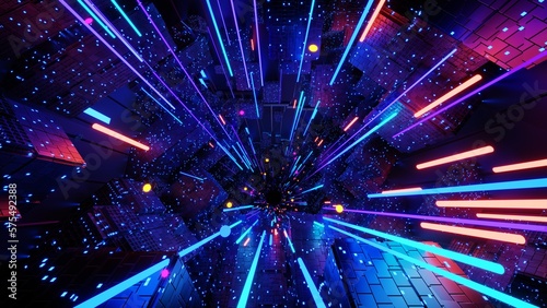 3d technology abstract neon light background, empty space scene, spotlight, dark night, virtual reality, cyber futuristic sci-fi background, street floor studio for mock up. colored geometric.