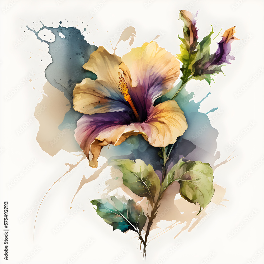 watercolor with yellow flower in transparent background, generative ai