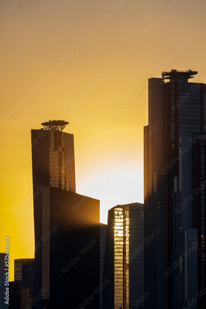 Silhouettes of tall buildings in Yeouido, Seoul, South Korea taken at sunset time