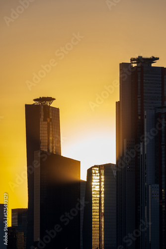 Silhouettes of tall buildings in Yeouido, Seoul, South Korea taken at sunset time