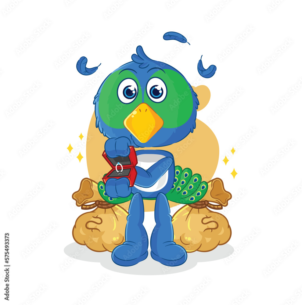 Obraz premium peacock propose with ring. cartoon mascot vector
