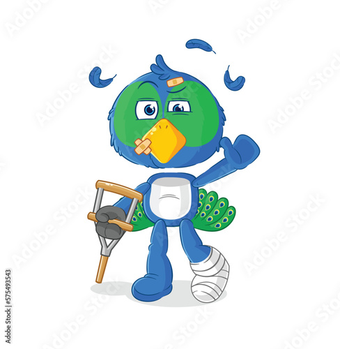 peacock sick with limping stick. cartoon mascot vector