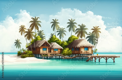 Vacation in a tropical setting with a beach and cottages on the ocean. Vacationing at the Maldives' five star resorts is a must for any traveler. Illustration of a Maldive summer vacation. Generative