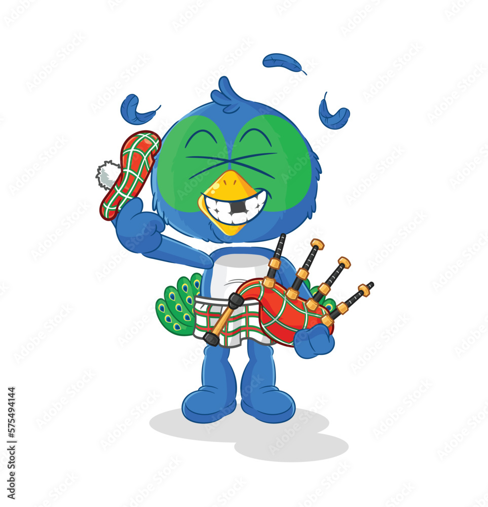 peacock scottish with bagpipes vector. cartoon character peacock scottish with bagpipes vector. cartoon character