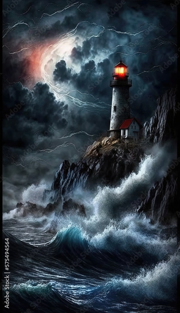 Lighthouse on the hill night lights sky big waves with dramaic clouds digital photography Generative AI