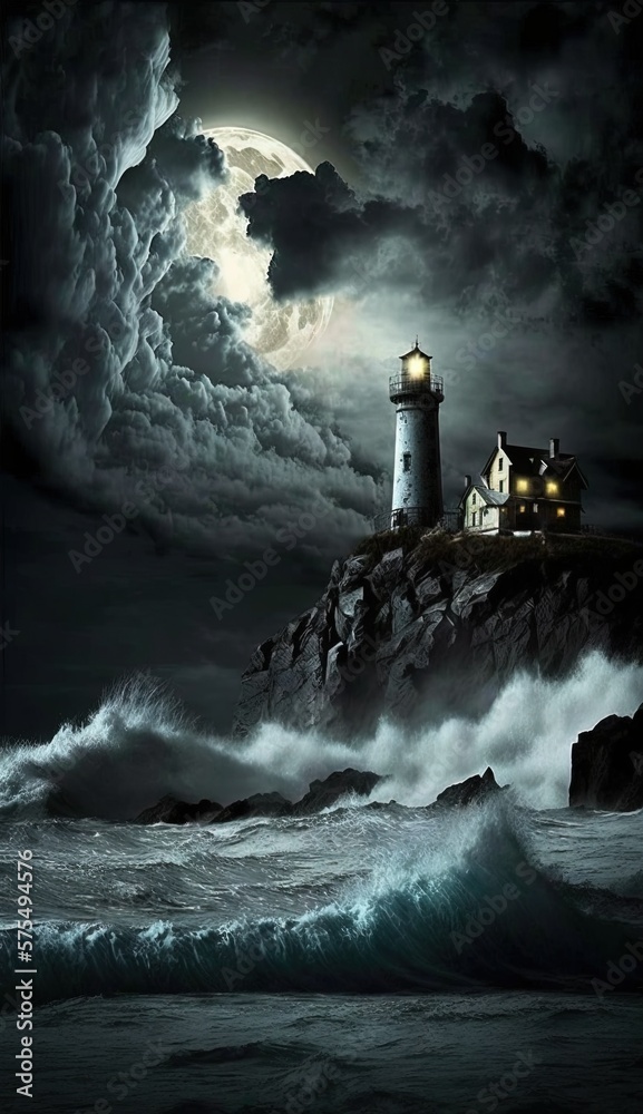 Lighthouse on the hill night lights sky big waves with dramaic clouds digital photography Generative AI