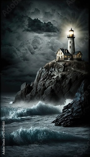 Lighthouse on the hill night lights sky big waves with dramaic clouds digital photography Generative AI photo