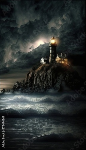 Lighthouse on the hill night lights sky big waves with dramaic clouds digital photography Generative AI photo
