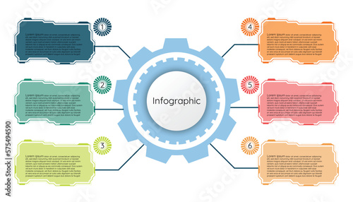 Infographic template step guide for business information presentation. Vector square  elements tech style. Modern workflow diagrams. Report plan 6 topics