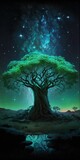 the sky shines in colorful galaxy and stars with fantasy large tree in the center Generative AI