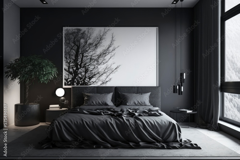 Modern bedroom interior, simple minimalist luxury bed, black dark color  room, soft sun light from window, generative ai ilustração do Stock