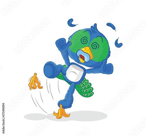 peacock slipped on banana. cartoon mascot vector