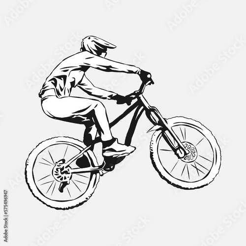 BMX bicycle rider, Downhill, cyclist. Hand drawn vector illustration, black and white, silhouette. concept of extreme sports, vehicles, activities, etc. Suitable for print, sticker, T -shirt design